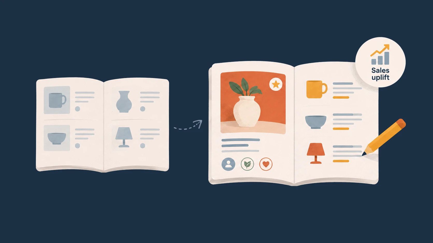Illustration of a plain catalogue spread being redesigned into a page with a hero product and a sales uplift badge