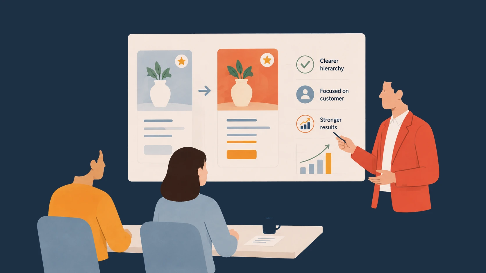 Illustration of a presenter walking two people through a before-and-after redesign, with clearer hierarchy, customer focus and stronger results highlighted