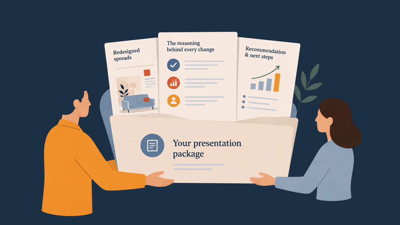 Illustration of a presentation package being handed over, covering redesigned spreads, the reasoning behind every change, and a recommendation with next steps
